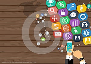 Vector map of the world's mobile communications business, trading, marketing and global business icons flat design