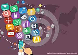 Vector map of the world's mobile communications business, trading, marketing and global business icons flat design