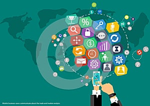 Vector map of the world's mobile communications business, trading, marketing and global business icons flat design