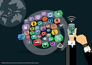 Vector map of the world's mobile communications business, trading, marketing and global business icons flat design