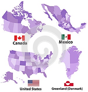 Vector maps and flags of North America countries with administrative divisions regions borders