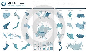 Vector maps set.  High detailed 44 maps of Asian countries with administrative division and cities. Political map, map of Asia