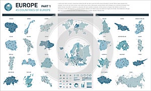 Vector maps set. High detailed 45 maps of European countries with administrative division and cities. Political map, map of