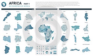 Vector maps set. High detailed 46 maps of African countries with administrative division and cities. Political map, map of Africa