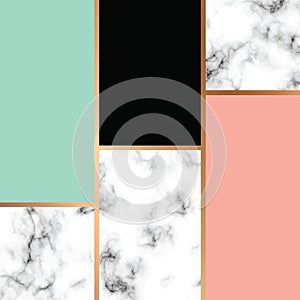 Vector marble texture design with golden geometric lines, black and white marbling surface, modern luxurious background
