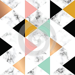Vector marble texture design with golden geometric shapes, black and white marbling surface, modern luxurious background