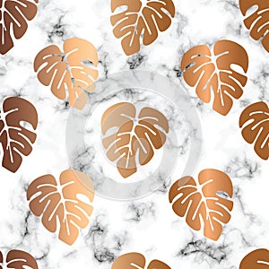 Vector marble texture design seamless pattern design with golden monstera leaves, black and white marbling surface, modern