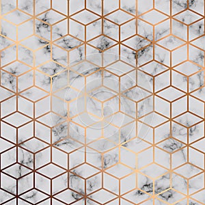 Vector marble texture, seamless pattern design with golden cubes geometric pattern, black and white marbling surface