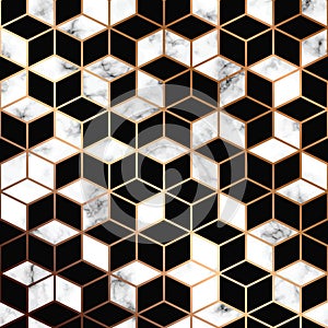Vector marble texture, seamless pattern design with golden geometric lines and cubes, black and white marbling surface