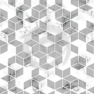 Vector marble texture, seamless pattern design with golden geometric lines and cubes, black and white marbling surface