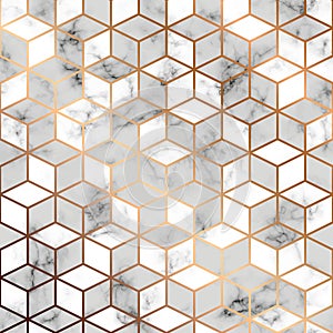 Vector marble texture, seamless pattern design with golden geometric lines and cubes, black and white marbling surface