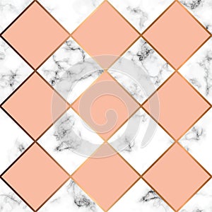 Vector marble texture, seamless pattern design with pink squares and golden geometric lines, black and white marbling surface