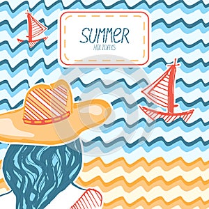 Vector marine card with girl looks at the sea with ships. Bright marker cartoon sea art