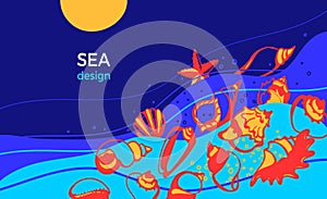 Vector marine design. Tropical seashell. Art template. Wildlife travel. Tourism banner photo
