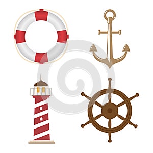 Vector marine set isolated on white. Lifebuoy, anchor, lighthouse, steering wheel. For a wide range of applications in