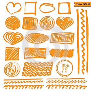 Vector marker line elements set for your design. Hand drawn isolated orange circle, square, heart, stroke, etc on white background