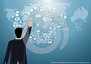 Vector Marketing businessman working around the world to communicate successfully with the world map icon flat design