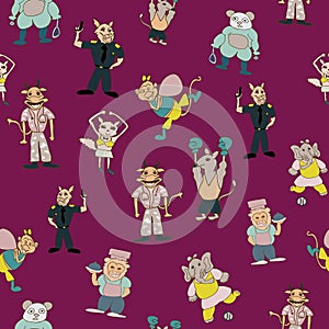 Vector maroon fun anthromorphic cartoon characters seamless pattern background