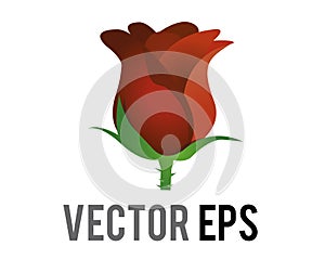 Vector marroon dark red rose flower icon with green stem and leaves