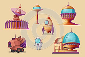 Vector mars colonization cartoon set. Futuristic colony