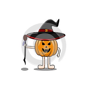 vector mascot pumpkin wizard character wearing black hat with a red ribbon on the head of a pumpkin. Holding the stick