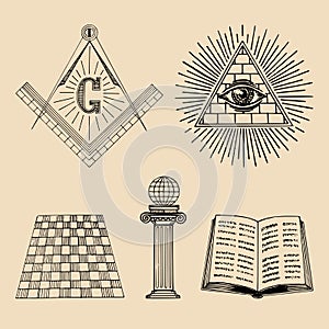 Vector masonic symbols set. Sacred society icons, freemasonry emblems, logos. Esoteric illustrations collection. photo