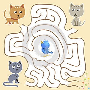 Vector maze game: funny blue bird find the way from the cats trap