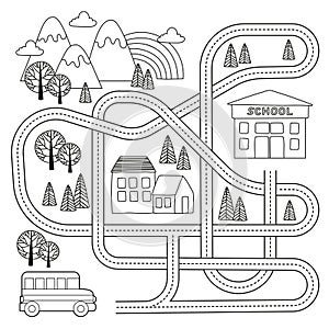 Vector maze game for kids with vehicles and tangled road. Help school bus find path to school. Labyrinth back to school