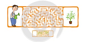Vector Maze, Labyrinth with Gardener and Plant. photo