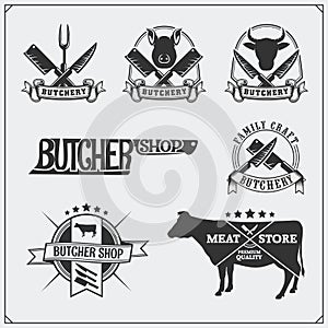 Vector meat labels. Butcher`s business logos. Silhouettes of farm animals.