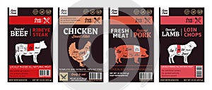 Vector meat labels with meat cuts diagrams
