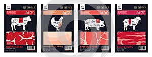 Vector meat packaging design with meat cuts diagrams