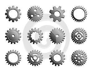Vector Mechanical Cogwheel Collection. Set Of Silver Gear Wheels And Cogs, Grey Volumetric Icons, Different Configuration