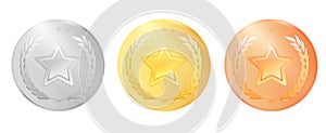 Vector medals logo collection. Set of shiny round awards in gold, silver and bronze colors. Luxury winners emblems
