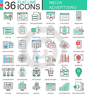 Vector Media advertising modern color flat line outline icons for apps and web design.
