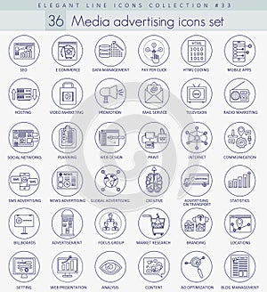 Vector Media advertising outline icon set. Elegant thin line style design.