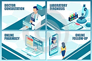 Vector medical templates for doctor consultation, lab testing, online pharmacy and patient follow up