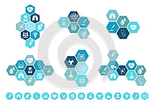 Vector medical icons set with elements hexagon shapes background blue