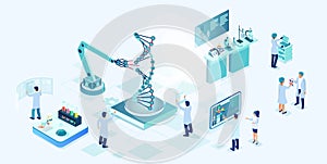 vector of a medical laboratory with scientists exploring molecular structure of dna on modern laboratory equipment conducting