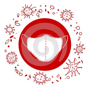 Vector medical mask red icon. Healthcare design. Simple hand drawn illustration. Measures for personal protection against