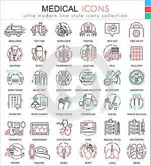 Vector Medical medicine color flat line outline icons for apps and web design. Medical healthcare icons.