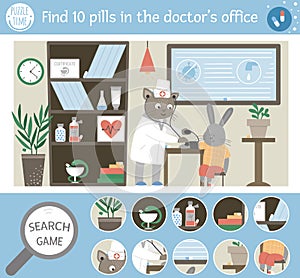 Vector medical searching game for children with pills lost in the hospital. Cute funny scene. Find hidden objects. Search for