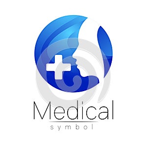 Vector medical sign with cross, human profile. Symbol for doctors, website, visit card, icon. Blue color. Medicine