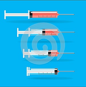 Vector medical syringe icon set. Syringes are filled with vaccine solution. Illustration of four medical syringes with