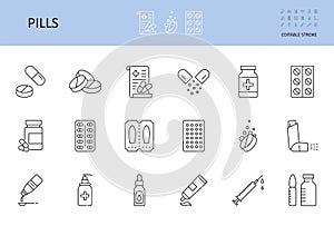 Vector medicine pills icons. Editable stroke. Bottle drug tablet capsule, treatment vitamin antiseptic ointment suppository. photo