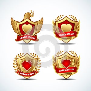 Vector medieval golden shields laurel wreaths ribbons and badges collection. Isolated illustration.