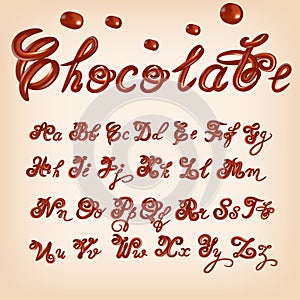 Vector melted chocolate alphabet. Shiny, glazed letters, liquid. Font style. Glossy typescript design.