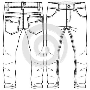 Vector Men Boys Regular fit Pant with scoop pockets. Fashion flat sketch template. Technical Illustration.