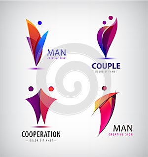 Vector men group logo, human, family, teamwork icon. Community, people sign in modern style, 3d.