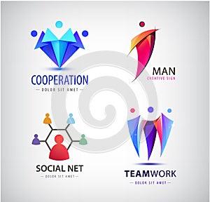 Vector men group logo, human, family, teamwork, social net, leader icon. Community, people sign in modern style.